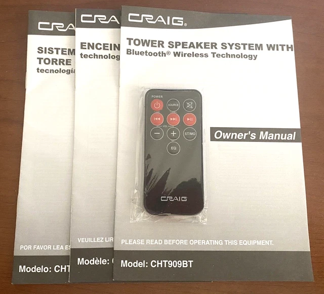 NEW CRAIG TOWER Speaker System Bluetooth Remote Control & Manual