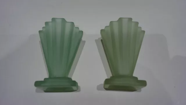 Vintage/Art Deco 1930s 4" Bagley Frosted Green Glass 'Grantham' Vase PAIR