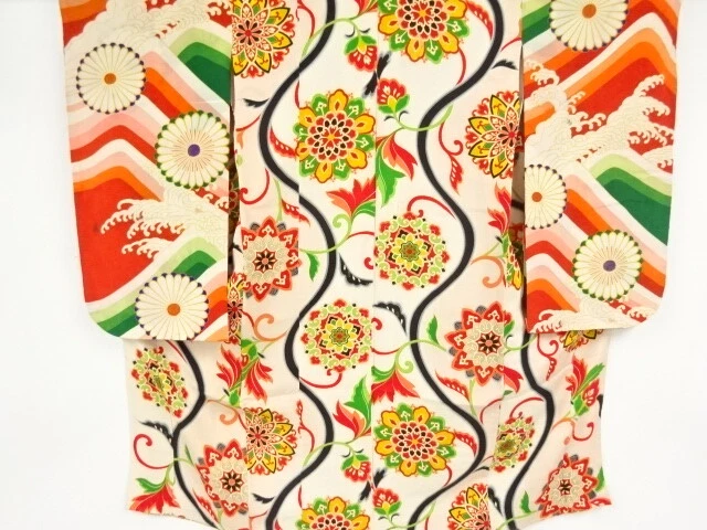 37337# Japanese Kimono / Antique Kimono For Girls / Flower Crest & Rough Wav