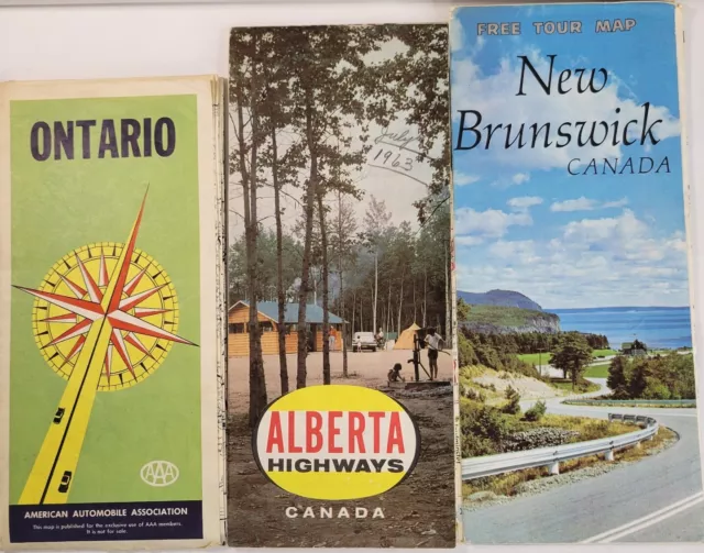 VINTAGE ROAD MAPS LOT Of 3  1960-70’s Canada Ontario New Brunswick Alberta