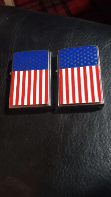 2-Zippo Lighters 2003 American Flag USA Heavy Plate Emblem