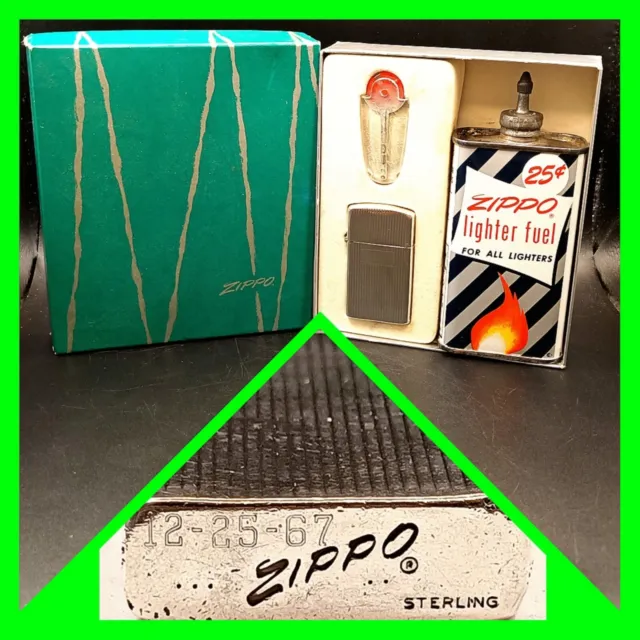 Vintage 1960 Sterling Silver Complete Zippo Slim Lighter Gift Set Box