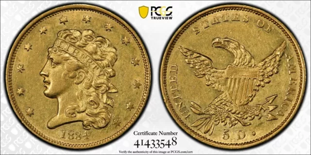 $5 US 1834 Classic Head Half Eagle GOLD COIN  Rarity-4. Plain 4. AU-53 (PCGS).