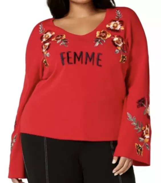 INC INTERNATIONAL CONCEPTS Sweater Top Plus Size 2X Red "FEMME" Embroidered Boho