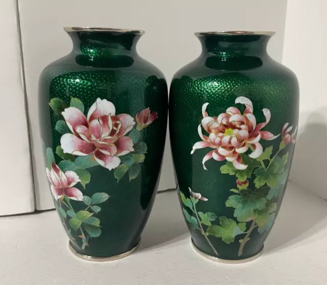 Vintage Japanese Ginbari Cloisonné Ando Sato Pigeon Gree & Roses Vases
