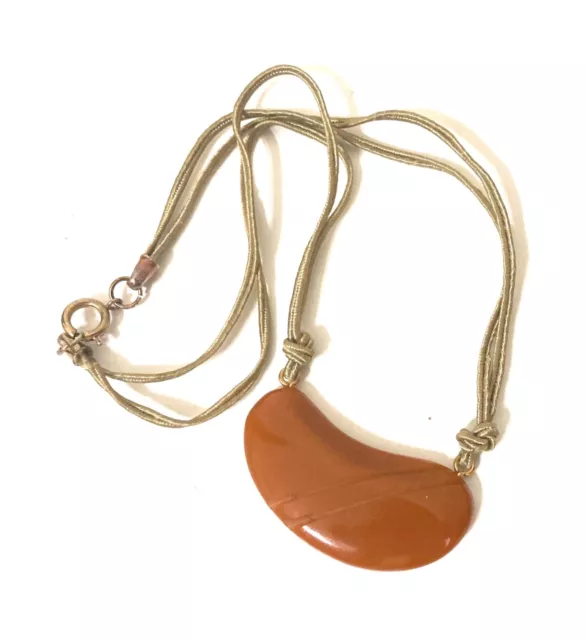 Art Deco BAKELITE Carved Pumpkin/Dark Orange Color Pendant Choker Cord Necklace