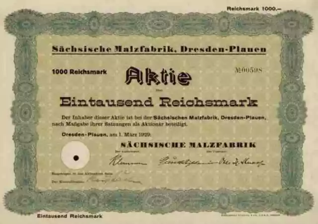 Sächsische Malzfabrik Dresden Plauen AG 1929 Sachsen Trommel Mälzerei 1000 RM