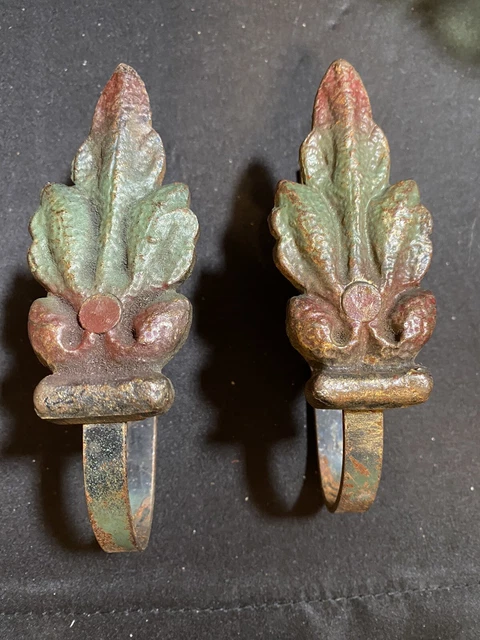 Pair of Art Deco Cast Iron Leaf Shaped Green/Red Curtain Tie Holdbacks Setbacks
