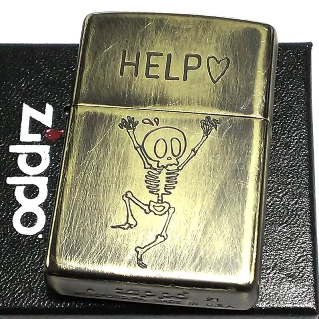 Zippo Oil Lighter Funny Skull Help Gold Used Finish Regular Case Brass Japan