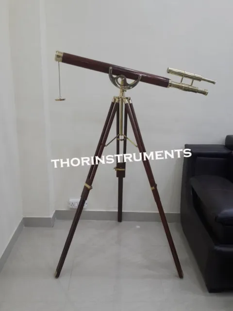 Double Barrel Telescope Vintage 53" With Wooden Tripod Stand Maritime Decor