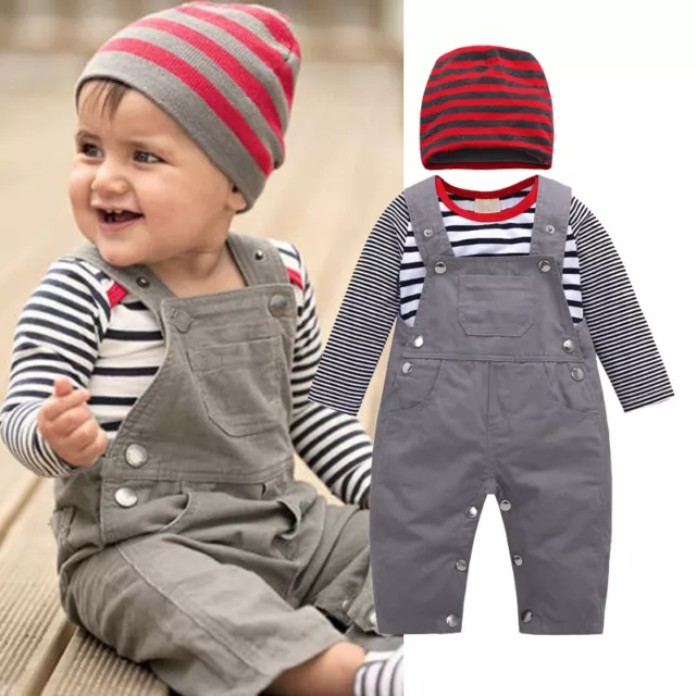 Toddler Kids Baby Boys Outfits Striped Romper Tops Suspender Pants Hat Clothes