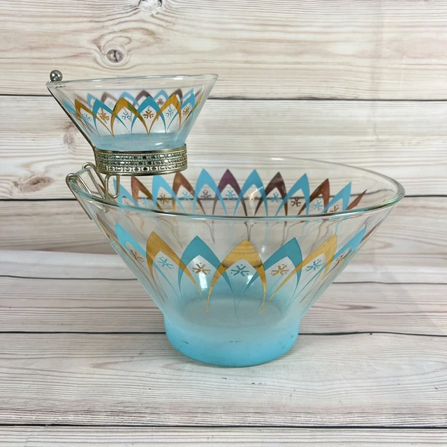 Vintage Anchor Hocking MCM Atomic Glass Chip & Dip Bowl Set Happy Hour Blendo