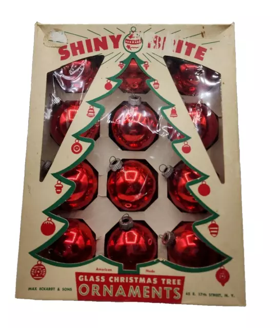Vintage SHINY BRITE  12 Red 2-1/4"  Glass Ball Ornament Original Box - Aged