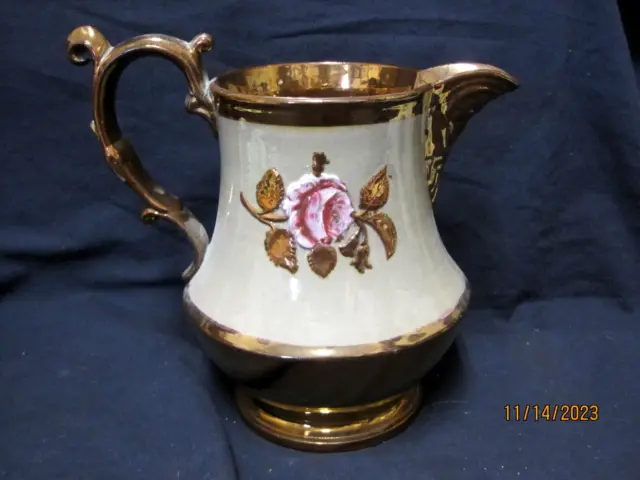 Staffordshire Copper Lustreware Hand Painted  Pitcher 1800s Made in England