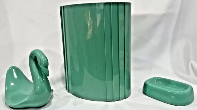 Vintage 1980s Teal Seafoam Green Bathroom Set Waste Basket Soap Dish Hand Towel