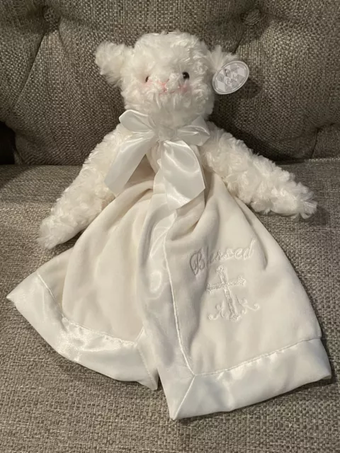 Bearington Baby White Pink Lamb Sheep Blessed Cross Security Blanket Lovey Plush
