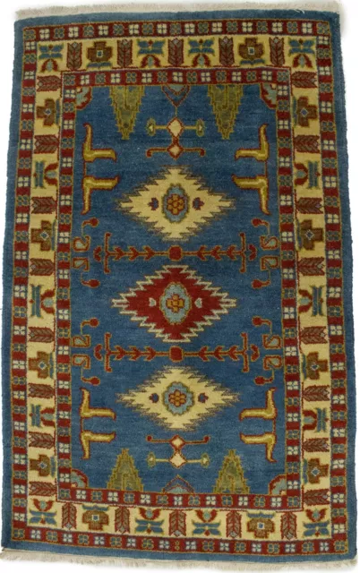 Hand-Knotted Blue Tribal Geometric Design 3X5 Small Kazak Oriental Rug Carpet