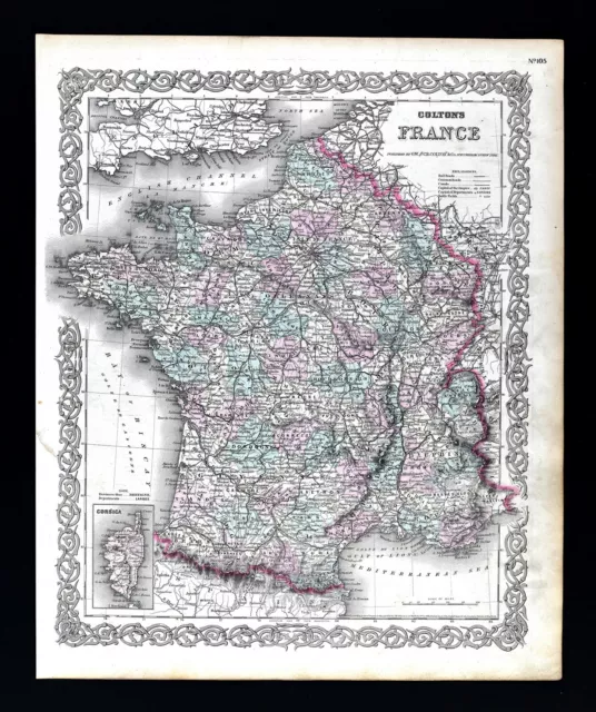 1874 Colton Map France Paris Laon Reims Marseille Le Havre Tours Amien Nantes FR