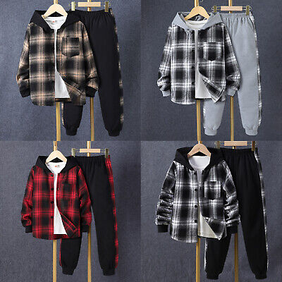 Baby Boys Plaid Hooded Shirt Outerwear Long Pants Set Casual Clothes Outfits