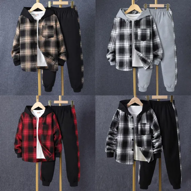 Toddler Baby Boy Hoodie Sweatsuit Outfits Kids Plaid Shirt Top Pants Clothes Set
