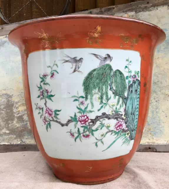 Antique Chinese Jardiniere Planter Hand Painted enamelled  Famille Rose Panels