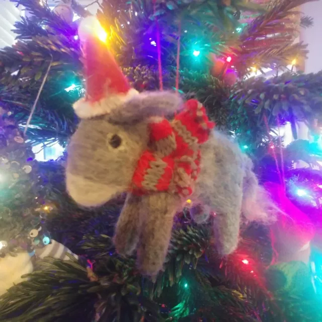 DONKEY handcrafted felted wool Christmas tree decoration NEW knitted scarf Santa