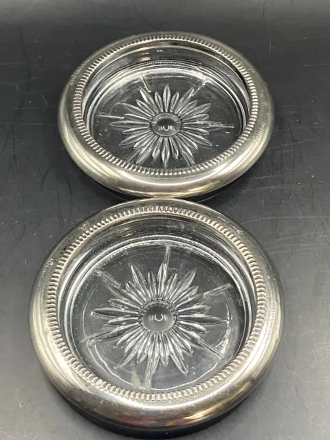 Vtg Leonard Glass Silver Plated Coasters (2) Starburst Design Marked