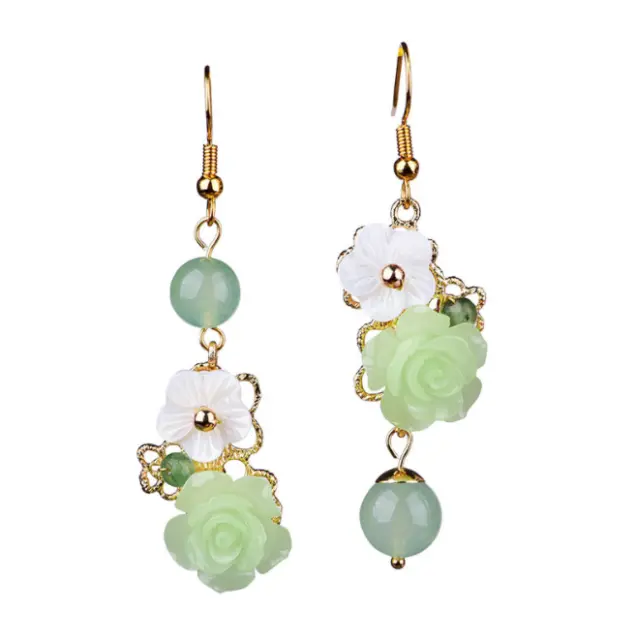 Green Jade Flower Earrings Women Chalcedony Amulet Natural Fashion 925 Silver