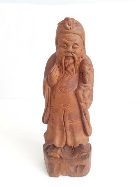 Vintage Chinese Wood Carved Wiseman With Baby Figurine