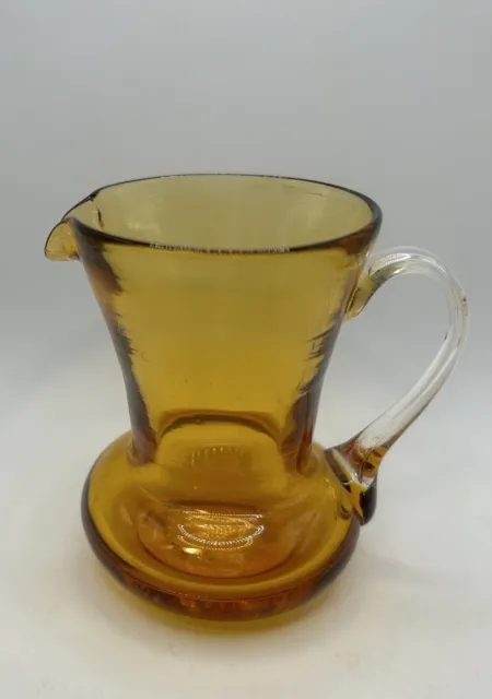 Vintage Amber Hand Blown Mini Vase Glass Pitcher/Creamer Clear Applied Handle 4"