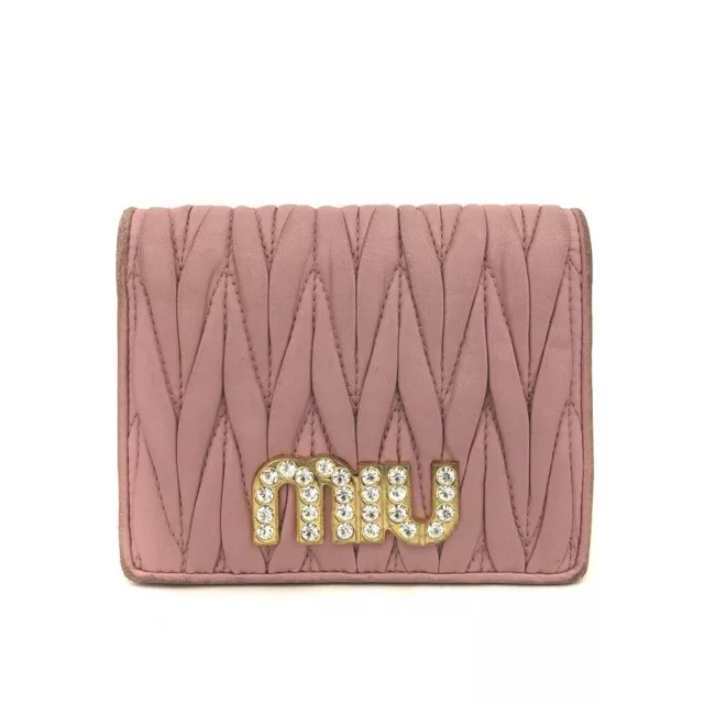 MIU MIU Logo Rhinestone Materase Gather Leather Bifold Wallet/9Y0123