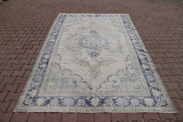Faded Cream Carpet Turkish Hand Knotted Oriental Medallion Large Area Rug 7x10ft