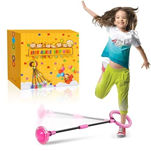 Ankle Skip Ball for Kids - Foldable Skip It with Colorful Flash Wheel, Pink