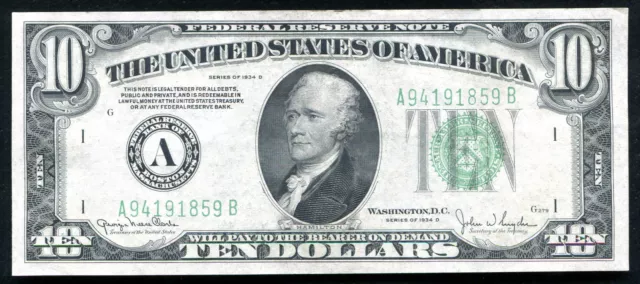 Fr. 2009-A 1934-D $10 Ten Dollars Frn Federal Reserve Note Boston, Ma Gem Unc