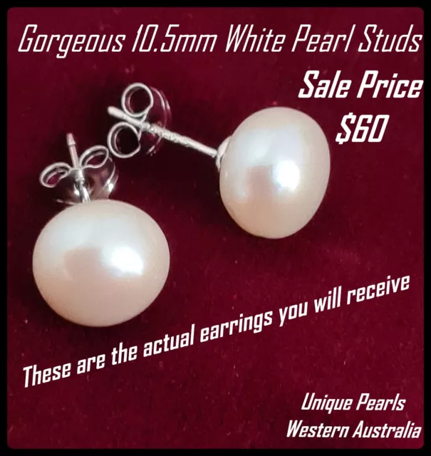 Pearl Stud Earrings 100% Genuine 10.5 mm Sale Price $60 From W.A