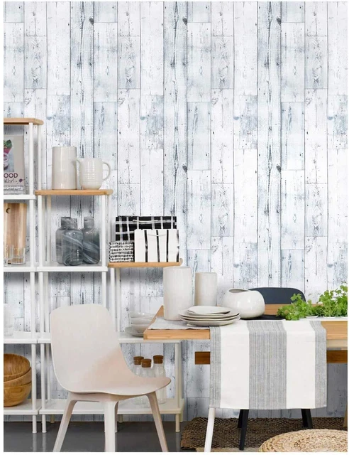 Papel pintado de madera autoadhesivo pelado y palo gris claro/blanco.