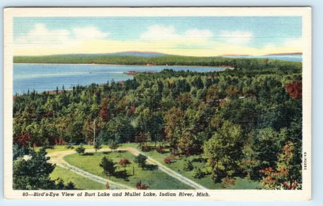 INDIAN RIVER, Michigan MI ~ Birdseye BURT LAKE & MULLET LAKE 1930s Postcard