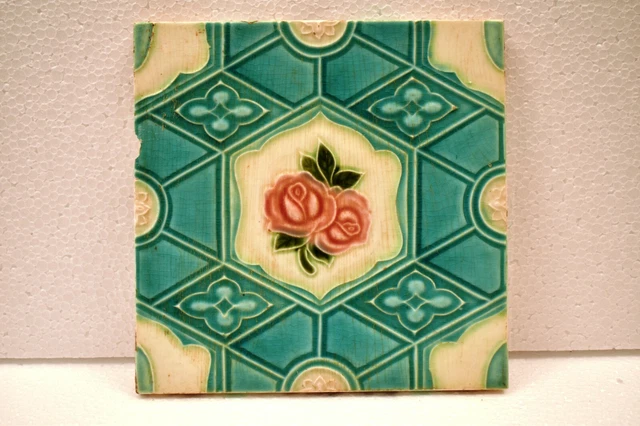 Antique Tile Japan Majolica Art Nouveau Porcelain Floral Rose Geometric Rare"J67 2