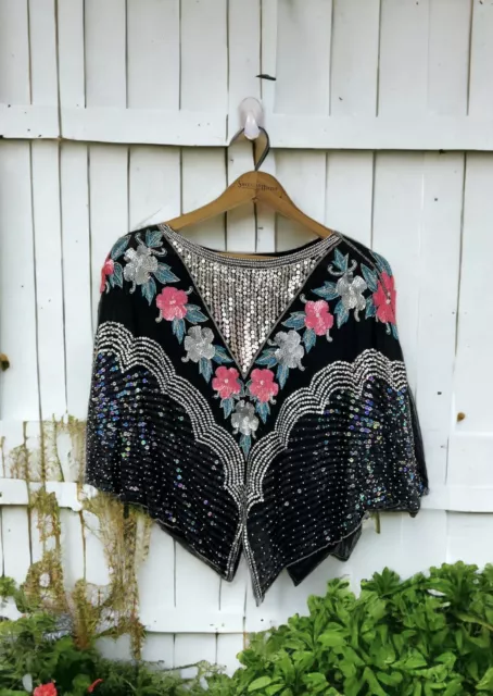 Vintage Sequin Floral Poncho Kimono Top Y2K Fairy Boho Shimmer Beaded Silk READ