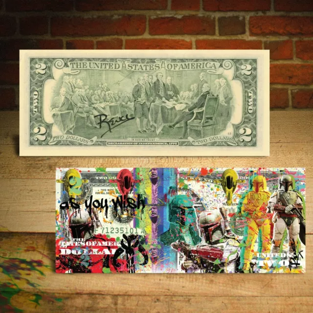 Star Wars BOBA FETT Bounty Hunter Genuine $2 U.S. Bill SIGNED by Rency / Banksy