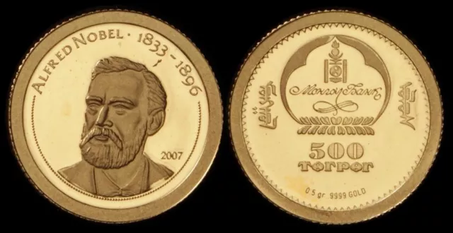 Mongolia: 2006 500 Torpor Alfred Nobel 0.5g 9999 Gold, Scarce