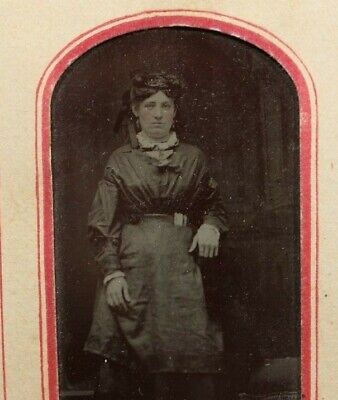 C1880s Tintype Beautiful Woman W Ornate Hair Victorian Dress CDV Cartouche T61