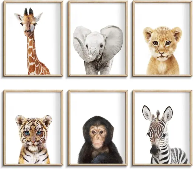Set of 6 Baby Safari Nursery Wall Decor - Picture Cute Animal Wall Prints on 20