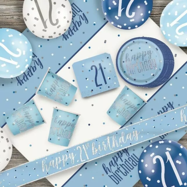 Glitz Blue 21st Birthday Party Tableware Decoration Plates Banners Candle Age 21