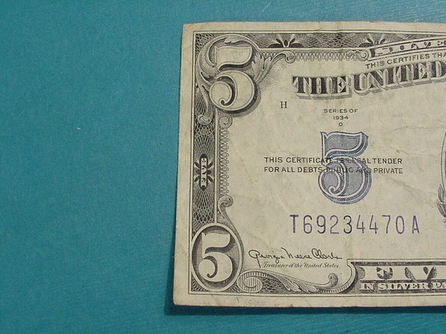 1934 D Series $5 Silver Certificate VG Blue Seal No Pin Holes 3