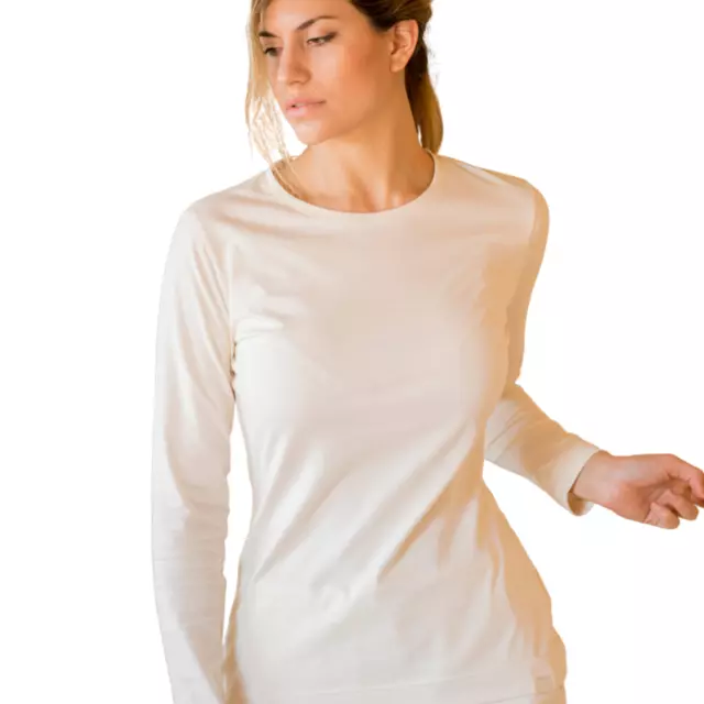 Women's  100% Organic Cotton Long Sleeve Tees Shirt Tops White Crew Neck