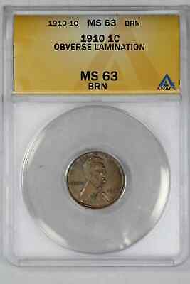 1910 Lincoln Wheat Cent 1C Anacs Certified Ms 63 Unc Brown - Obv Lamination (049