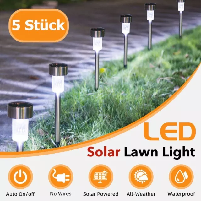 5er LED Edelstahl Garten Solarlampe Steck Leuchte Beleuchtung Solar Rasen Licht.