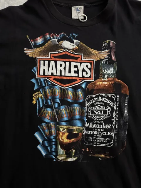 Vintage 80s Harley Davidson Jack Daniels Whiskey Shirt Sz Large 3D Emblem 3