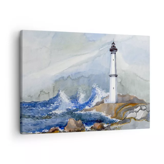 Impression sur Toile 70x50cm Tableaux Image Photo Phare Eau Illustration vague